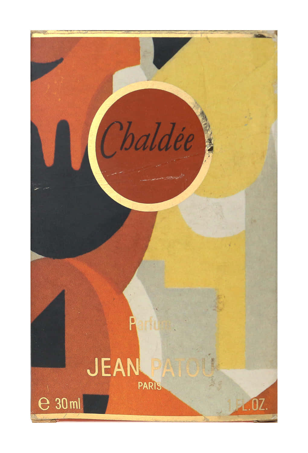 Jean Patou Chaldee香水噴霧包裝 壁紙 — 復古香水盒，採用大膽的抽象形狀，橙色、黃色和黑色，展示Jean Patou的Chaldée。