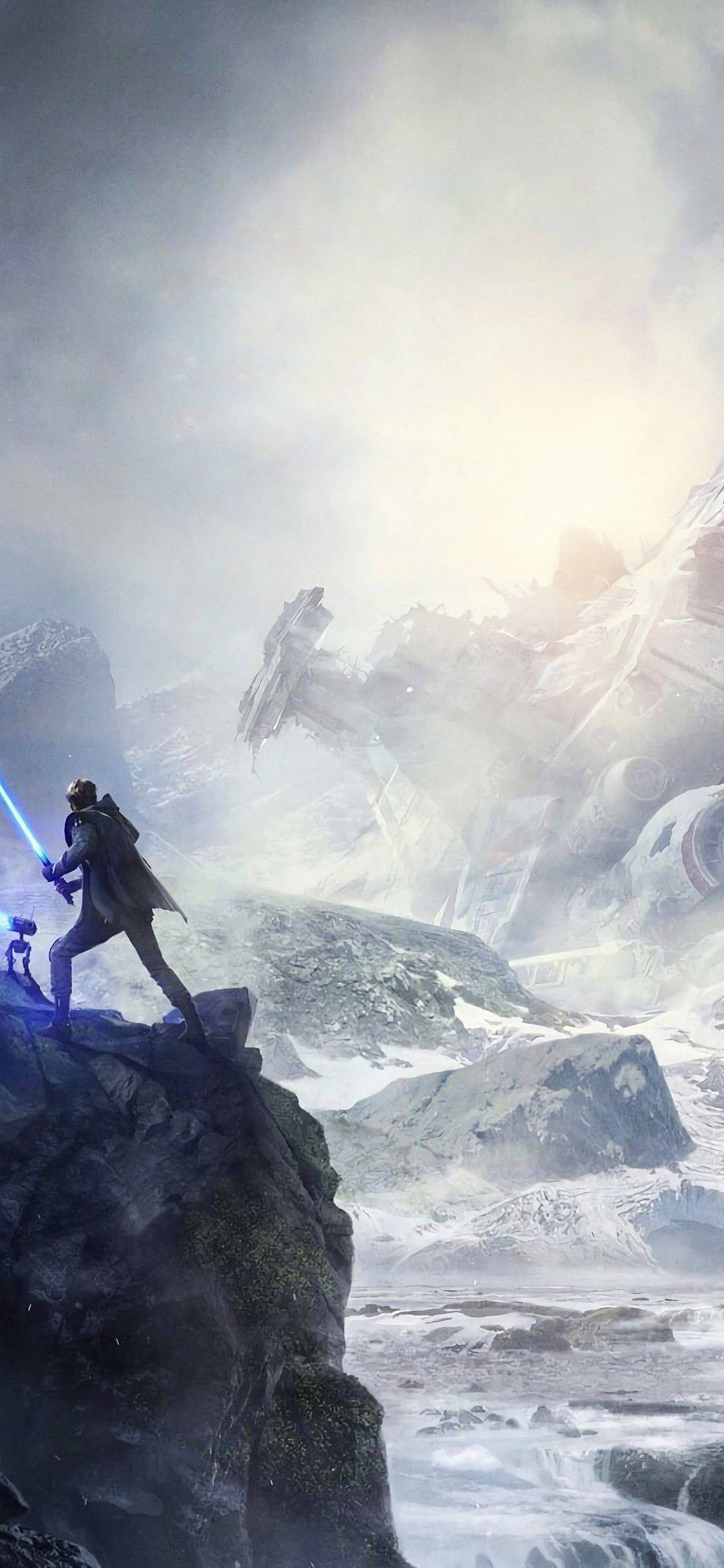 Jedi Fallen Order Star Wars 4K iPhone 壁紙 — 一個孤獨的戰士站在雪崖上揮舞著藍色光劍，而一艘巨大的星艦正穿過霧氣籠罩的山脈墜落。