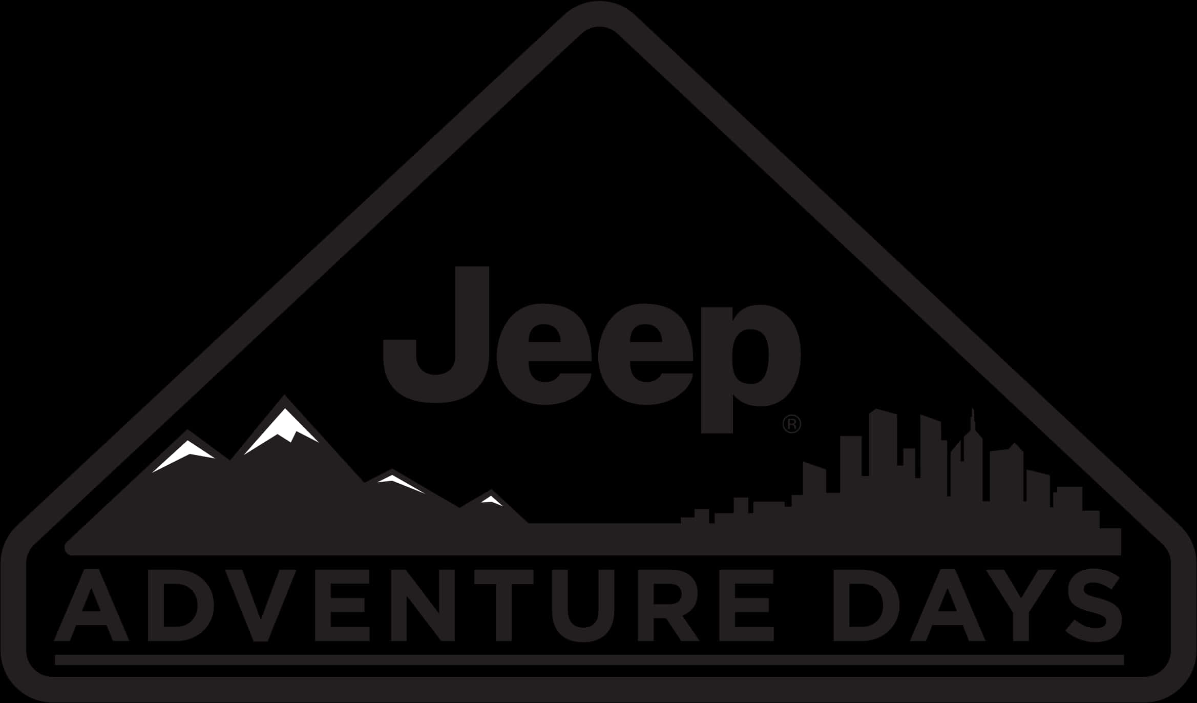 Jeep Adventure Days 活動標誌 壁紙 — 一個單色三角形標誌，包含Jeep Adventure Days字樣及山脈與城市天際線剪影。