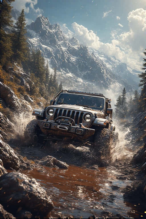 jeep climbing a rocky mountain, splashing through mud. 壁紙 — 一輛堅固的越野吉普車在泥濘的小溪中飛濺，周圍是高聳的雪山和茂密的松樹林。