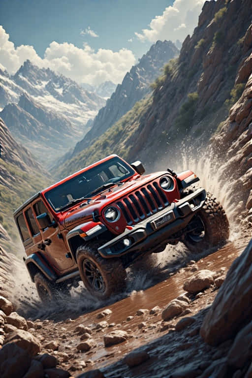 紅色Jeep Wrangler在山谷中行駛於泥濘溪流
