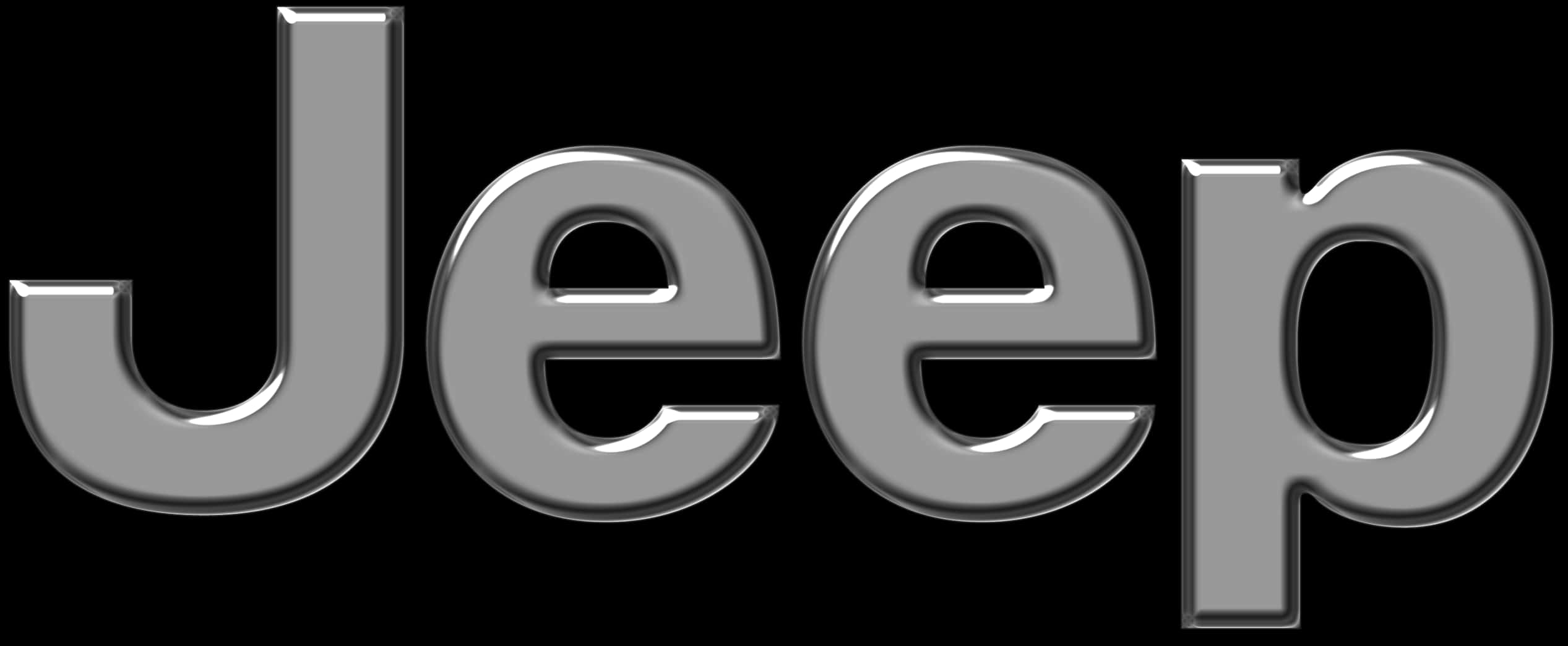 Jeep標誌黑銀配色 壁紙 — 「Jeep」一詞以粗體金屬銀色字體呈現，置於純黑背景上，帶有細微高光。