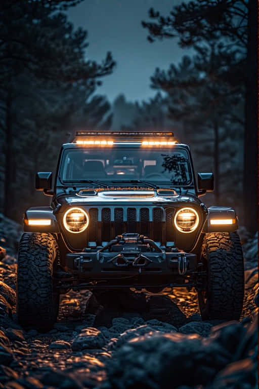 黑色Jeep Wrangler在黃昏時分開著車頭燈行駛在森林中的岩石小徑上