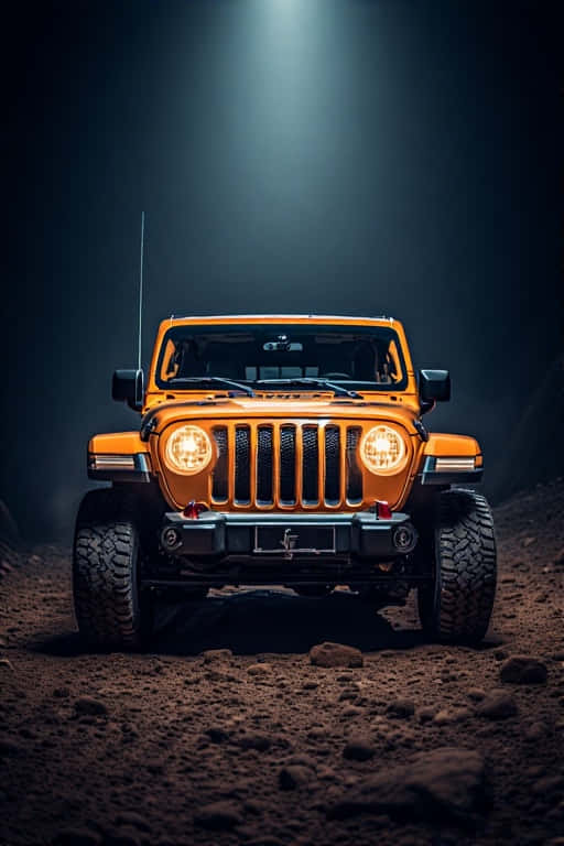 橙色Jeep Wrangler亮著車頭燈，在黑暗泥土上，聚光燈下
