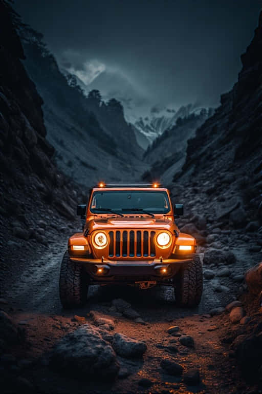 Jeep Wrangler 在夜間用頭燈照亮崎嶇小徑 壁紙 — 一輛堅固的橙色吉普車，車頭燈閃爍，在黑暗風暴天空下的岩石山路上向前行駛。