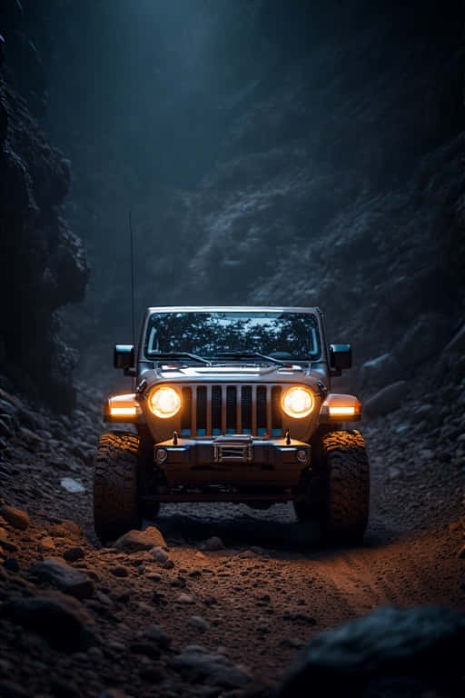 Jeep Wrangler 在夜間用頭燈照亮崎嶇小徑 壁紙 — 一輛堅固的銀色吉普車亮著車頭燈，穿過狹窄的岩石峽谷，上方戲劇性的光線照射下來。