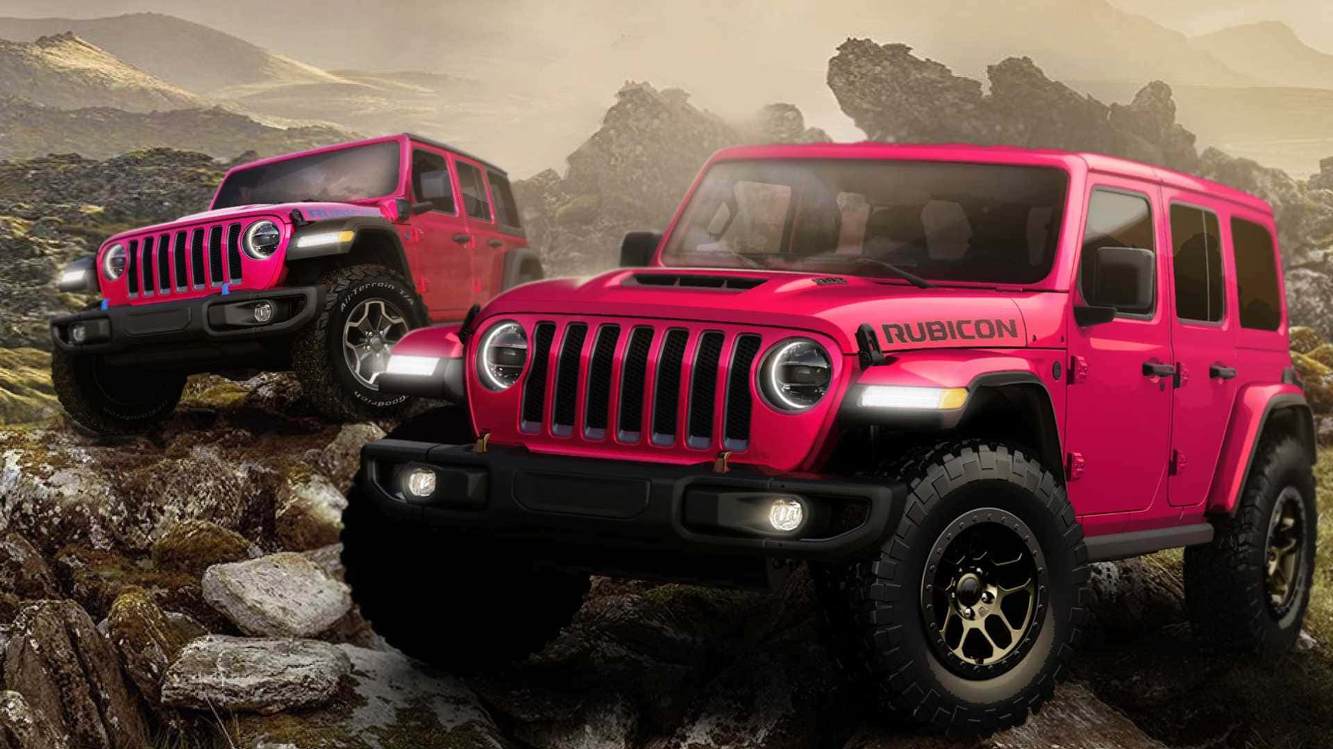 以堅韌可靠的Jeep征服戶外 壁紙 — 兩輛充滿活力的粉紅色Jeep Rubicon SUV在朦朧的山景天空下征服崎嶇的岩石地形。