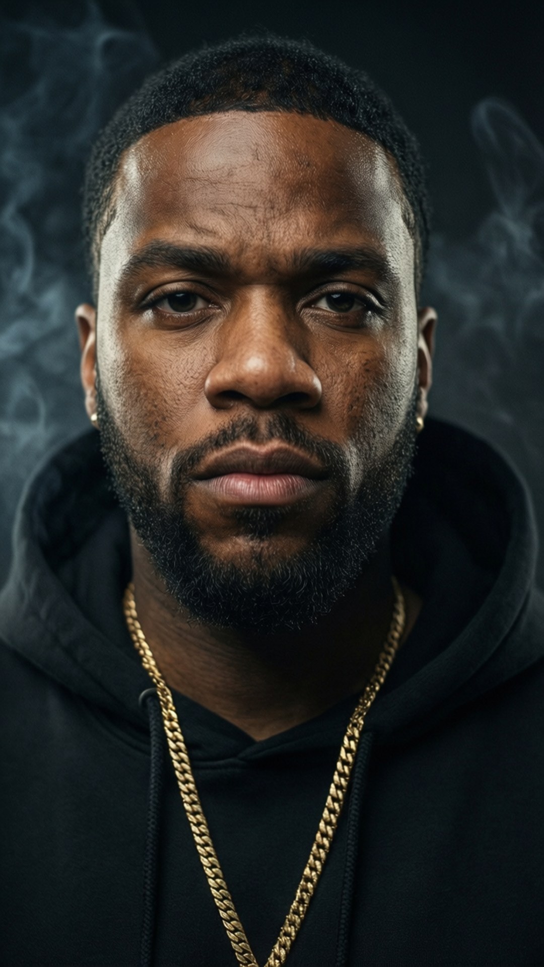 Jeezy 街頭風肖像 壁紙 — 一個嚴肅的黑人男子，留著鬍子，戴著金鏈，在煙霧瀰漫的黑暗背景下凝視著。