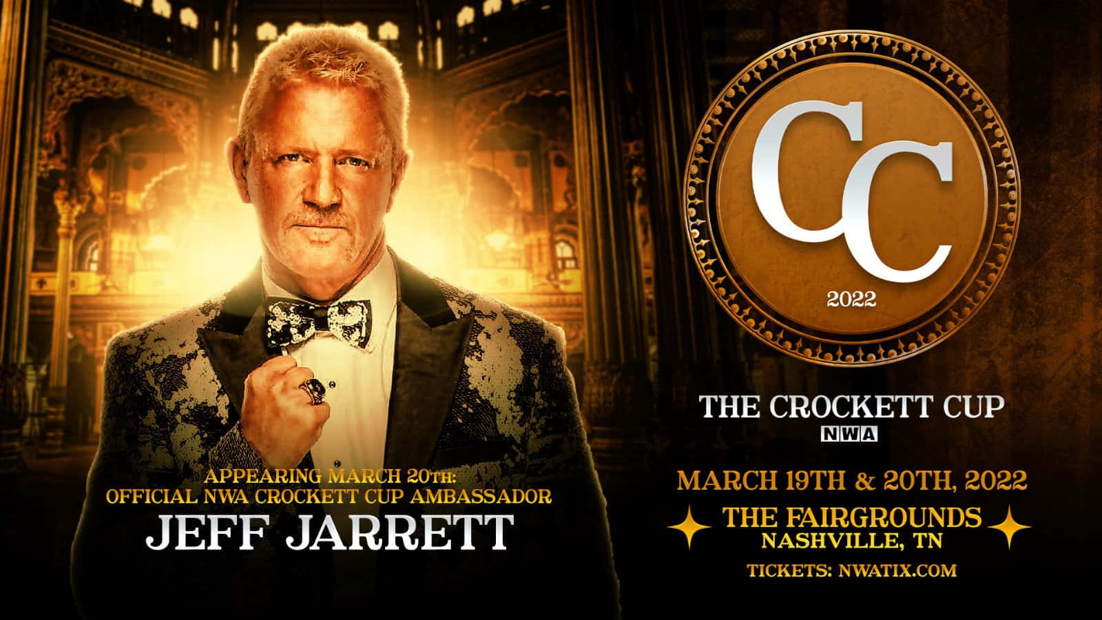 Jeff Jarrett擔任Jim Crockett Sr.紀念杯大使 壁紙 — Jeff Jarrett 身穿閃亮禮服，自信地站在金色華麗背景前，宣傳2022年Crockett Cup摔角賽事。