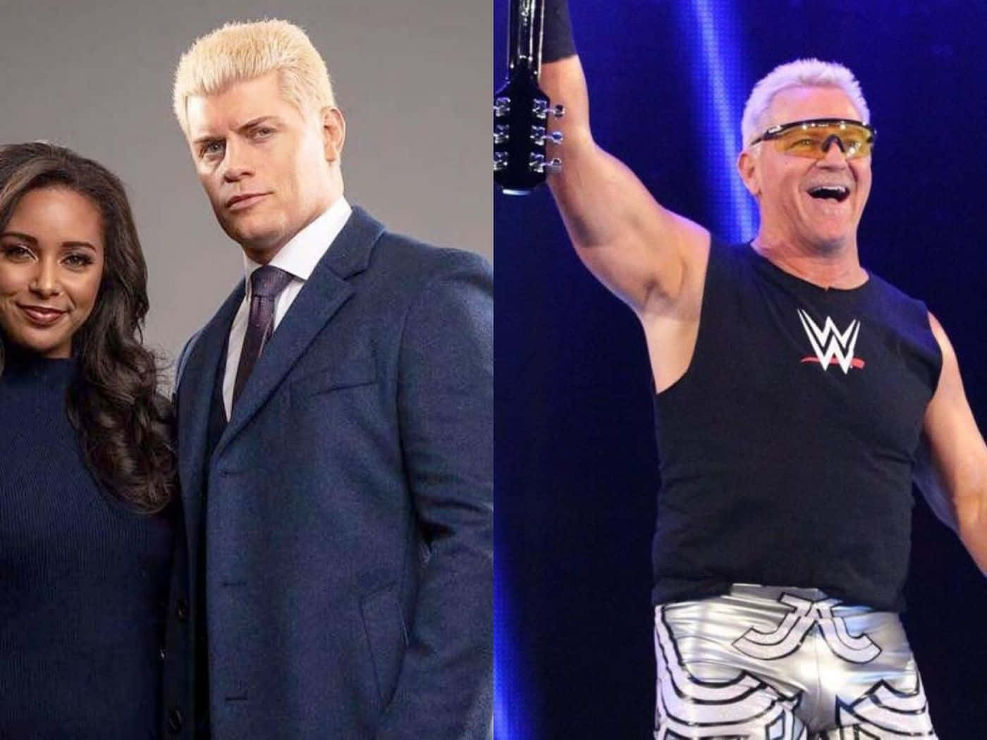 Jeff Jarrett與Cody Rhodes WWE摔角手合照 壁紙 — 一張分割圖片顯示一名穿西裝的男子站在一名女子旁邊，以及同一名男子穿著摔角裝備在舞台上拿著結他。