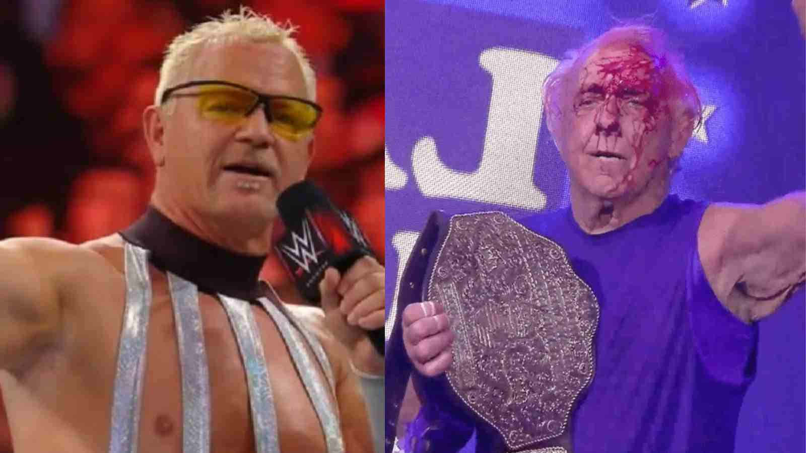 Jeff Jarrett與Ric Flair WWE摔角手合照 壁紙 — 兩位WWE摔角手，一位戴著黃色太陽眼鏡和銀色肩帶拿著咪高峰，另一位滿身鮮血穿著紫色衣服拿著冠軍腰帶。