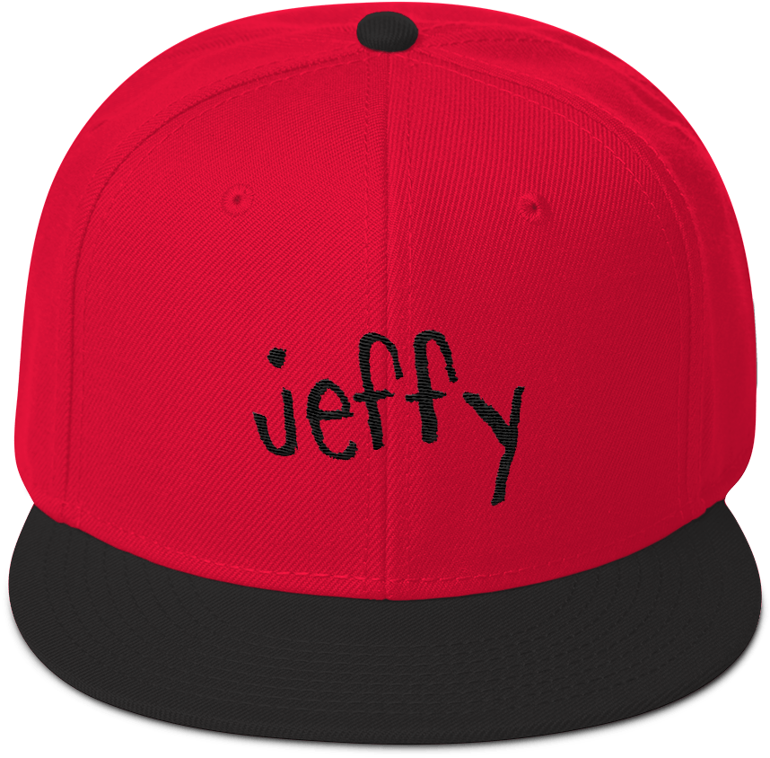 Jeffy 品牌紅黑棒球帽 壁紙 — 一頂大膽的紅黑 snapback 帽，前面板上用黑色字體繡有名字 'jeffy'。