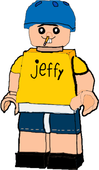 樂高Jeffy角色插畫 壁紙 — 一個名為 Jeffy 的卡通風格方塊人物，戴著藍色頭盔，穿著黃色襯衫，嘴裡叼著一根煙。