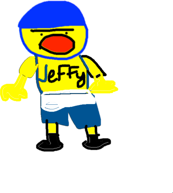 Jeffy卡通角色插畫 壁紙 — 一個名叫Jeffy的卡通人物，戴著藍色帽子，紅色嘴巴，黃色身體，站在黑色背景前。