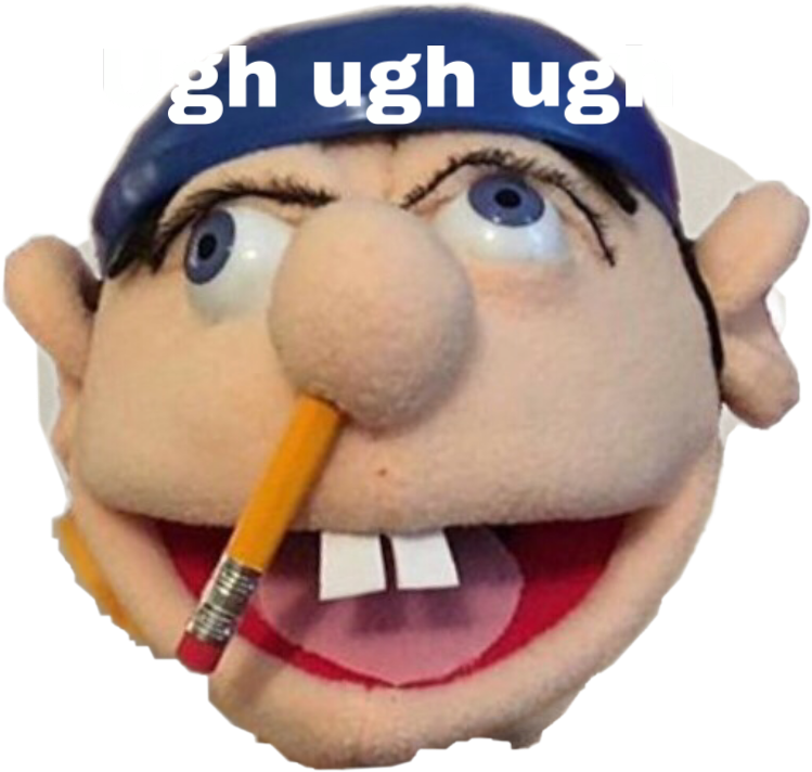 鼻子插鉛筆的Jeffy木偶 壁紙 — 一個沮喪的木偶特寫，嘴裡插著鉛筆，上方有「Ugh ugh ugh」文字。