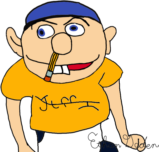 Jeffy木偶角色插畫 壁紙 — 一個戴藍色頭巾、穿黃色襯衫的卡通男人，嘴裡叼著鉛筆，露出得意的笑容。
