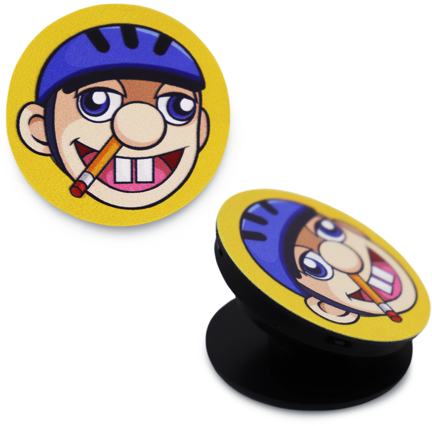 Jeffy角色Pop Socket設計 壁紙 — 兩個圓形PopSocket，上面有戴藍色頭盔、嘴裡叼著鉛筆的卡通角色，背景為黑色。