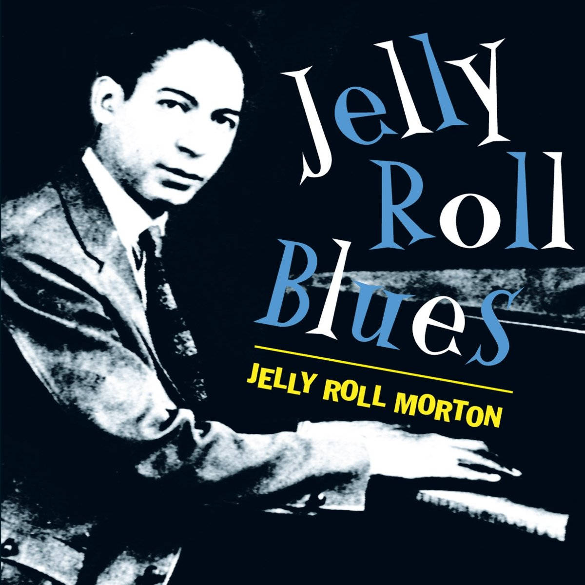 Jelly Roll Morton歌曲封面藝術 壁紙 — Jelly Roll Morton 在鋼琴前的復古爵士肖像，帶有醒目的藍色和黃色字體，背景為深色。