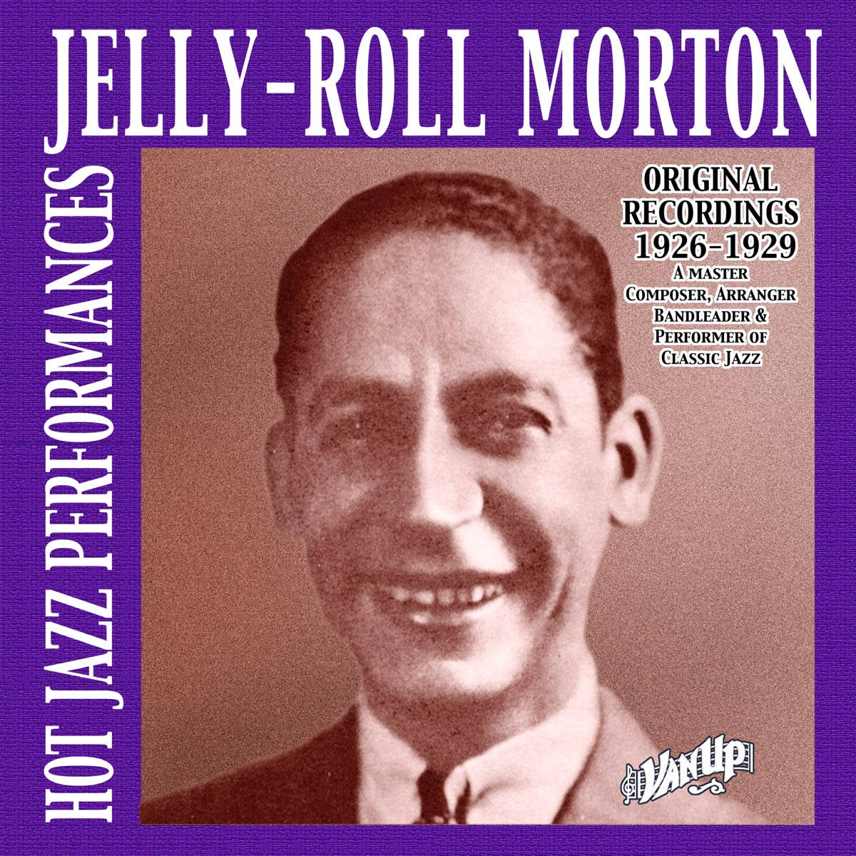 Jelly Roll Morton原始爵士錄音 壁紙 — 爵士傳奇人物 Jelly-Roll Morton 在紫色邊框和專輯文字襯托下溫暖微笑的復古棕褐色肖像。