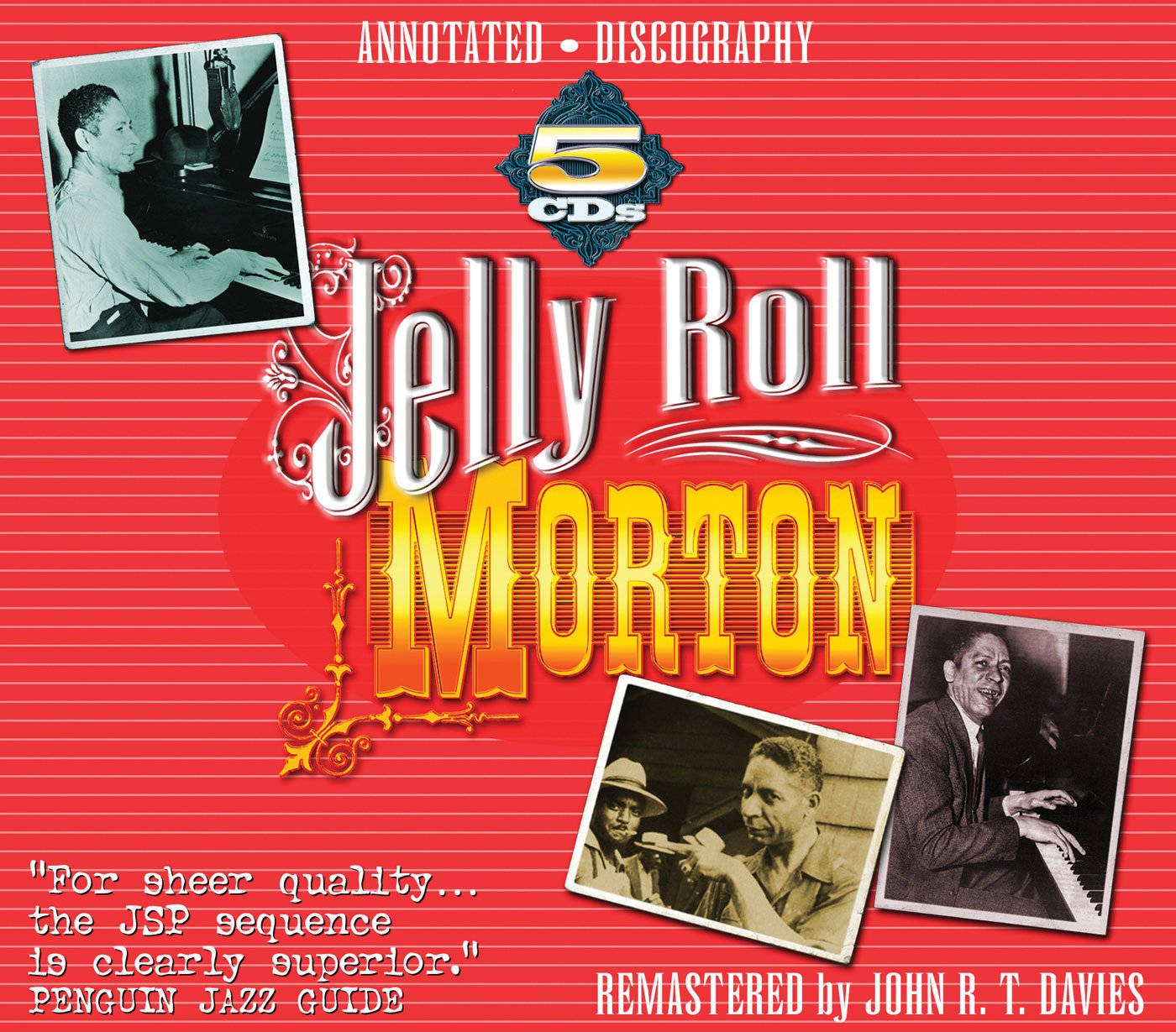 Jelly Roll Morton音頻CD封面藝術 壁紙 — Jelly Roll Morton 註釋唱片目錄的鮮紅色專輯封面， featuring 爵士鋼琴家的復古照片和華麗字體。