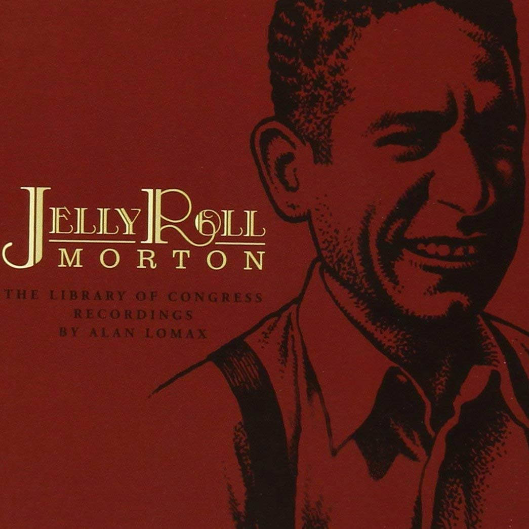 Jelly Roll Morton盒裝專輯封面藝術 壁紙 — 一幅風格化的黑白插圖，描繪Jelly Roll Morton在深紅色背景上微笑，並帶有金色文字。