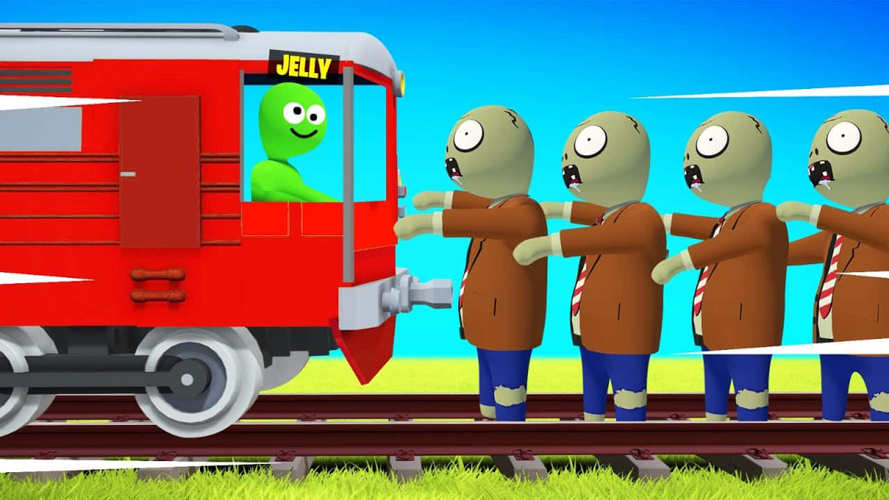 一個綠色啫喱角色在紅色火車中經過四個穿著棕色西裝的殭屍狀人物。
