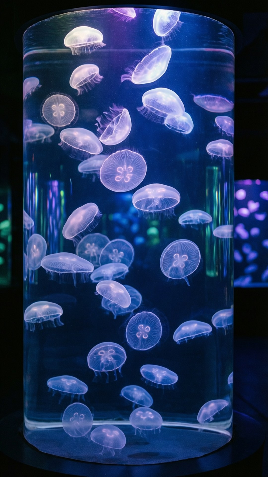 水母在圓柱形水族箱內發出藍色和紫色光芒。