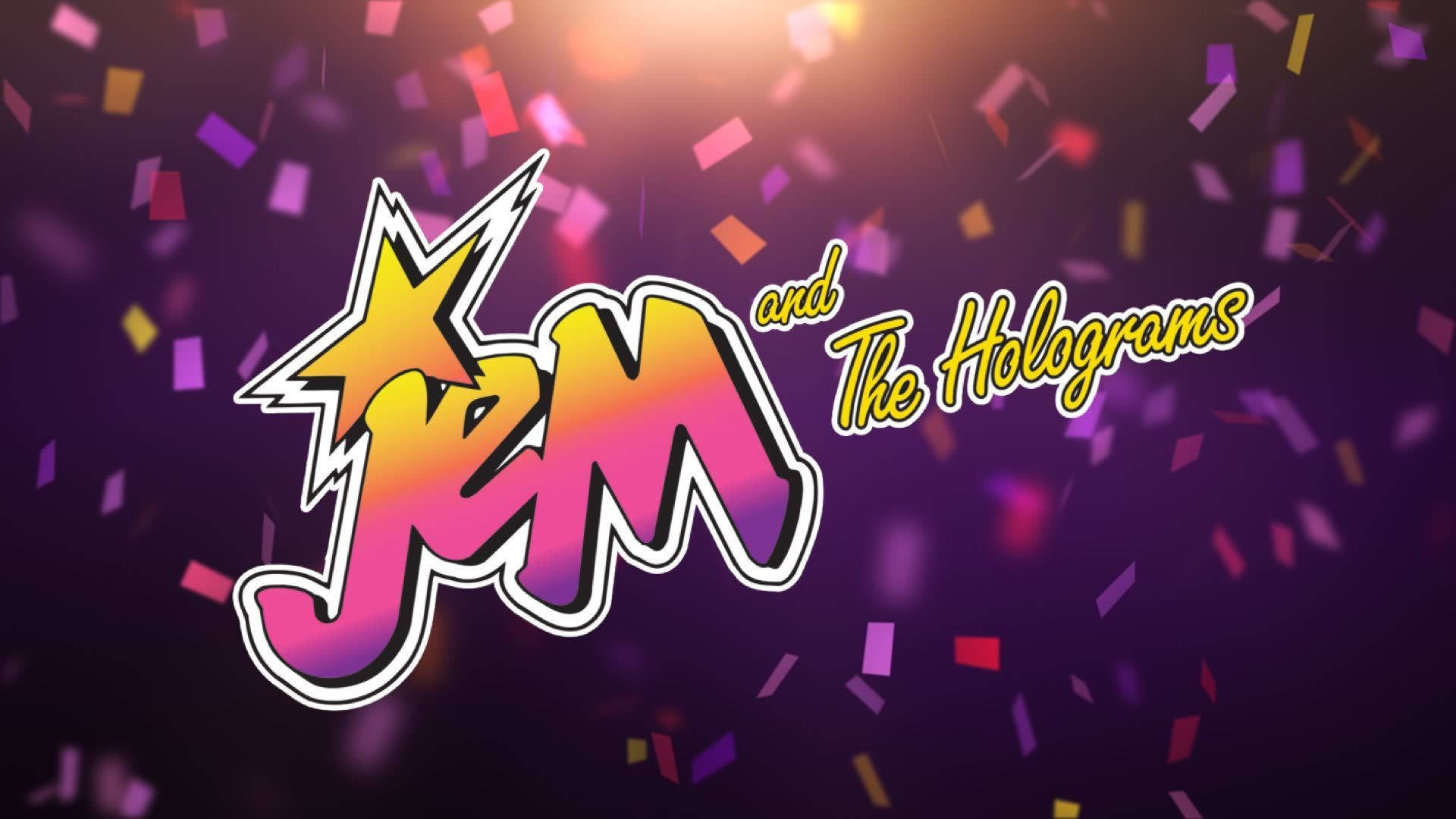 Jem and The Holograms 標誌，紫色背景上有飄落的紙屑。