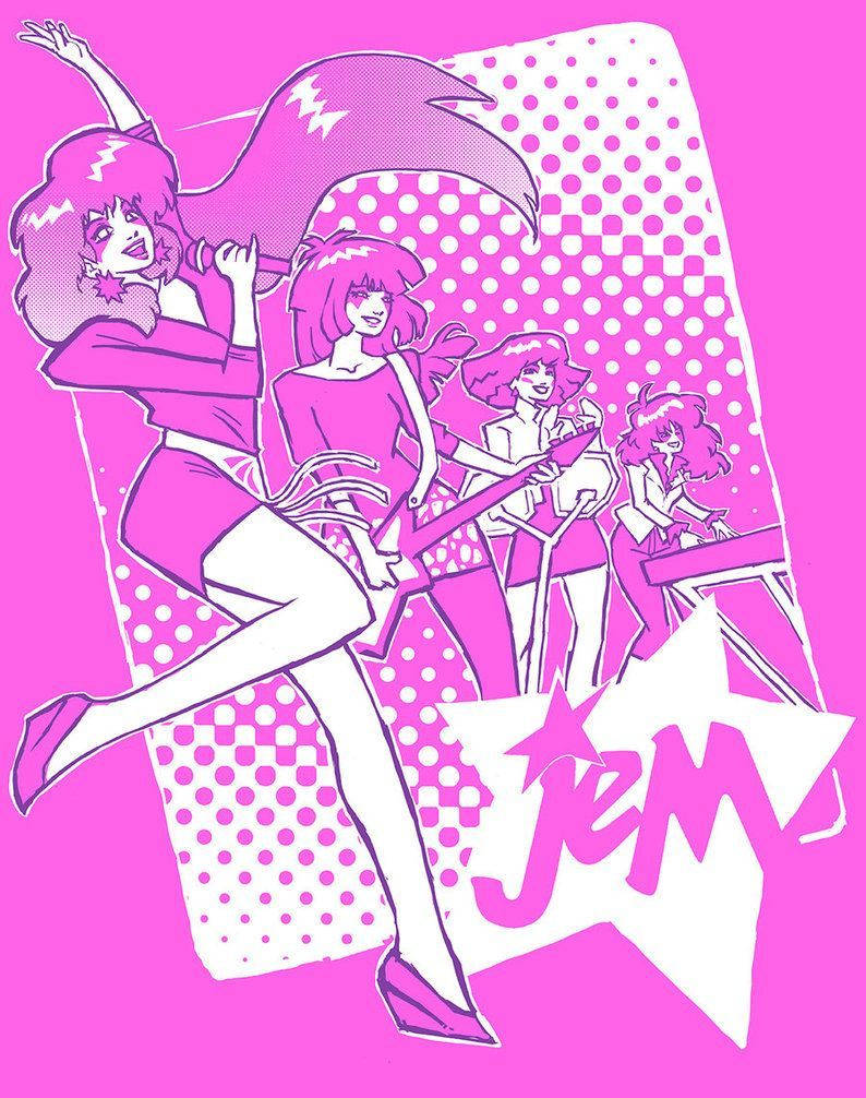 Jem and the Holograms以粉紅色普普藝術風格搭配半色調圖案表演。