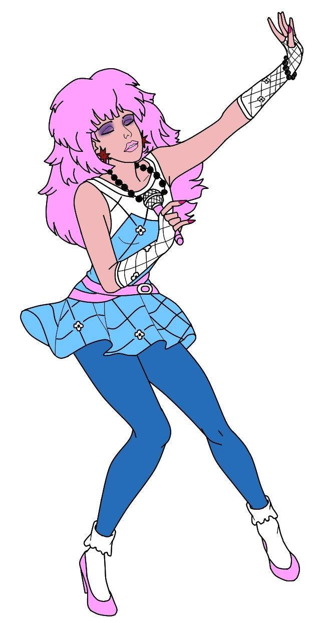 粉紅色頭髮的動漫女孩穿著藍色格子服裝跳舞。