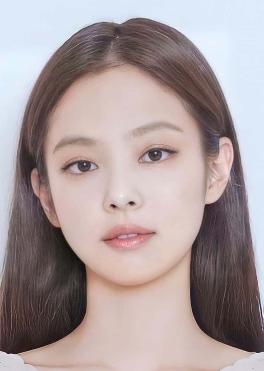 Jennie BLACKPINK 簡約頭像照 壁紙 — 一位年輕女性的特寫肖像，長長的棕色頭髮和柔和的妝容，背景是淡藍色。