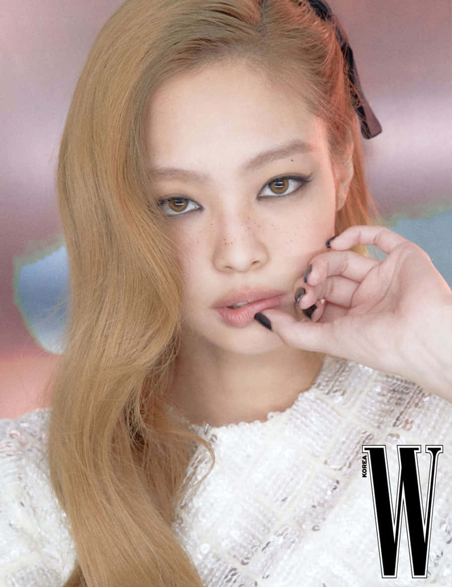 Jennie Kim 為 W Magazine 拍攝金髮造型 壁紙 — 一位長金髮、濃妝豔抹的女性，用塗黑的手指觸碰嘴唇的特寫肖像。
