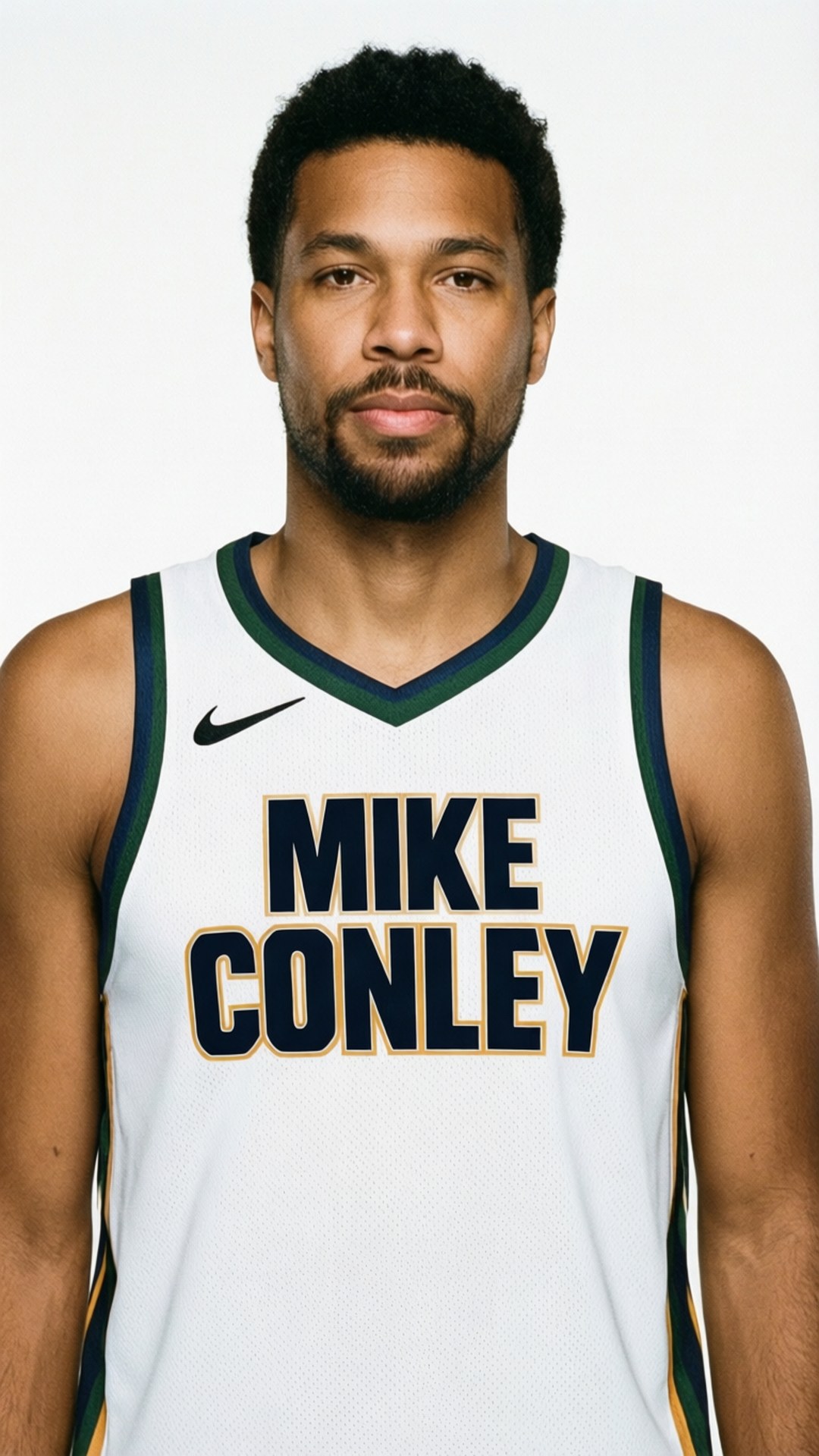 一名身穿白色籃球球衣、上面印有 Mike Conley 的男子。