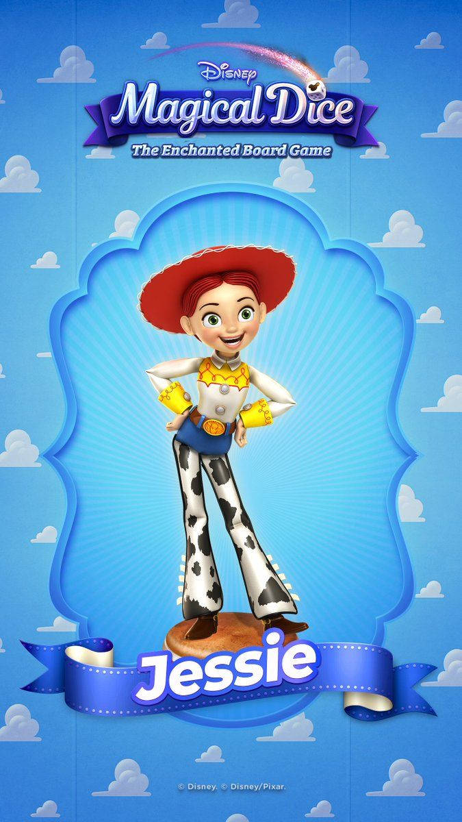 Jessie Toy Story 魔法骰子海報 壁紙 — 迪士尼魔法骰子中的潔西穿著牛仔女郎服裝，自信地站在藍天白雲下。