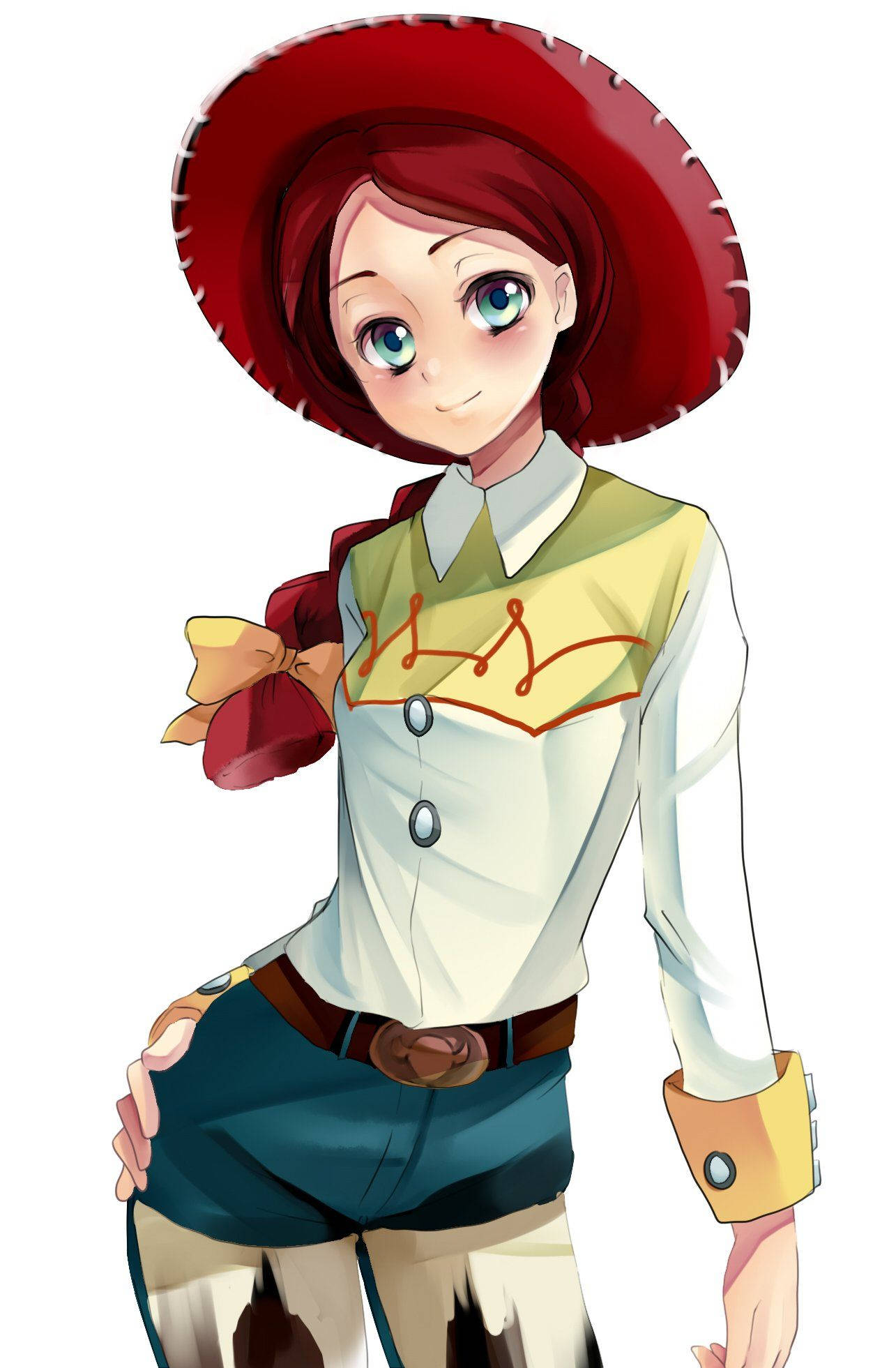 Jessie Toy Story 日式動漫風格 壁紙 — 一個開心的動畫女孩，紅頭髮，戴著寬邊紅帽，穿著帶黃色蝴蝶結的牛仔服裝微笑。