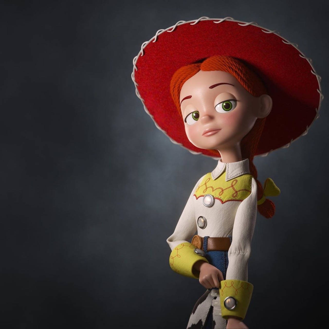 Jessie Toy Story 牛仔服裝海報 壁紙 — 一個詳細的3D渲染，展示戴著紅色帽子、綠色眼睛和黃色點綴的牛仔女孩玩具Jessie，背景陰暗且富有氣氛。