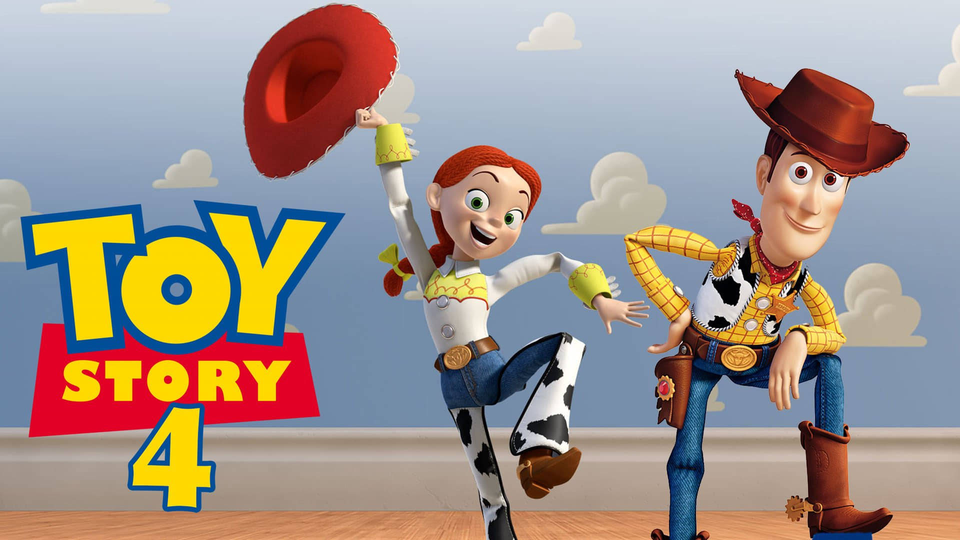 Jessie Toy Story 與伍迪海報 壁紙 — 《反斗奇兵4》中的Jessie和Woody戴着牛仔帽，在明亮的天空和雲朵襯托下愉快地擺姿勢。