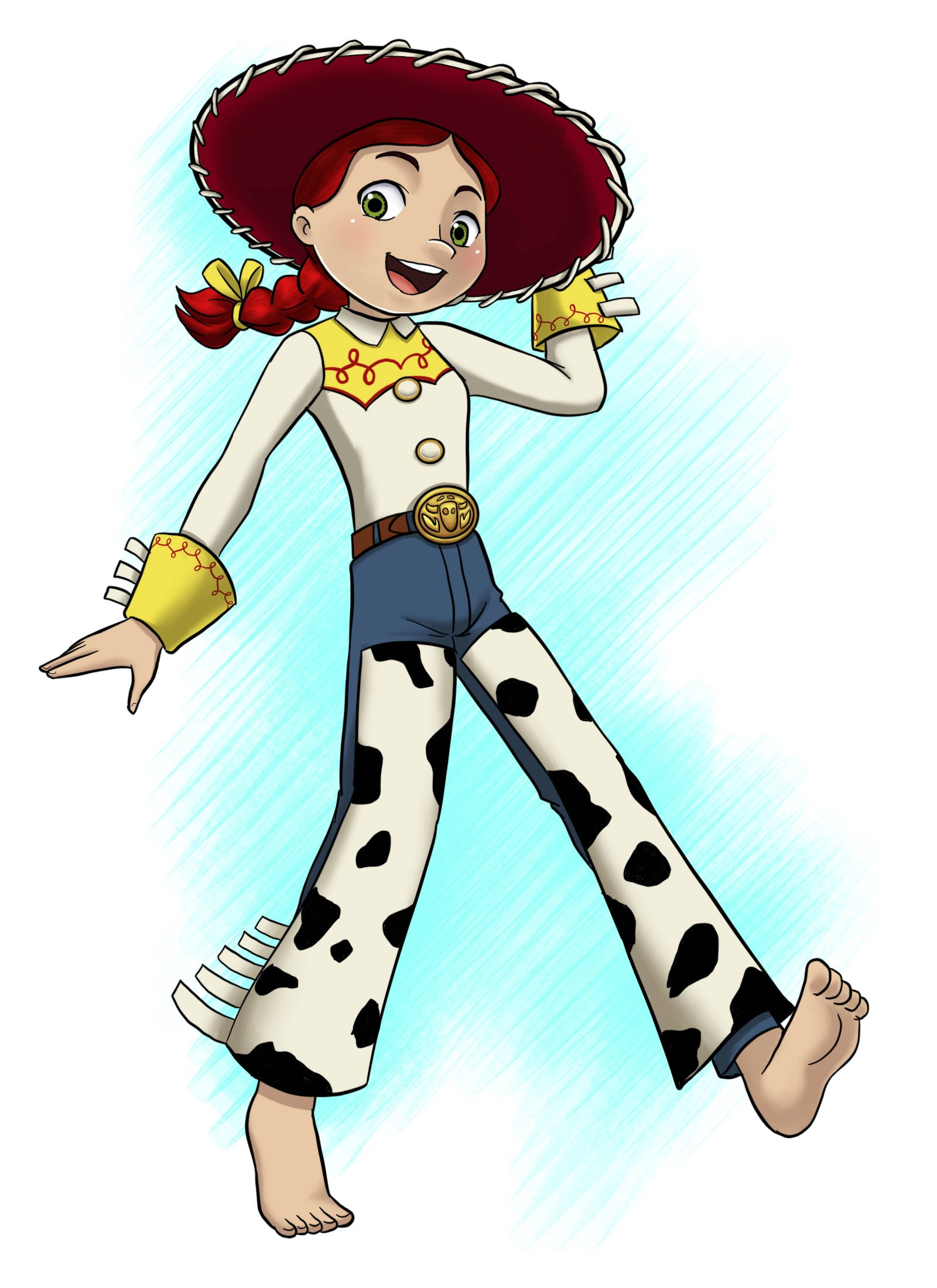 Jessie Toy Story 赤腳 壁紙 — 一個快樂的卡通女牛仔，紅色頭髮紮成辮子，戴著牛仔帽，穿著乳牛紋褲子和靴子，在淺藍色背景前擺姿勢。