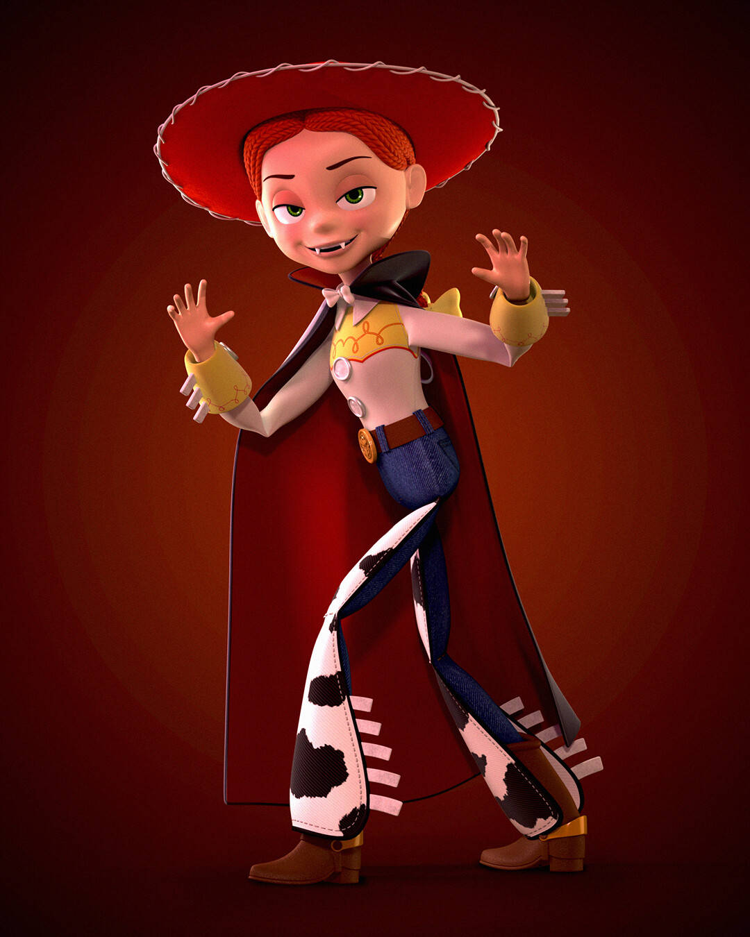 Jessie Toy Story 吸血鬼造型 壁紙 — 一個戴紅帽、穿乳牛印花褲的開心動畫女牛仔，在溫暖漸變背景前擺出俏皮姿勢。