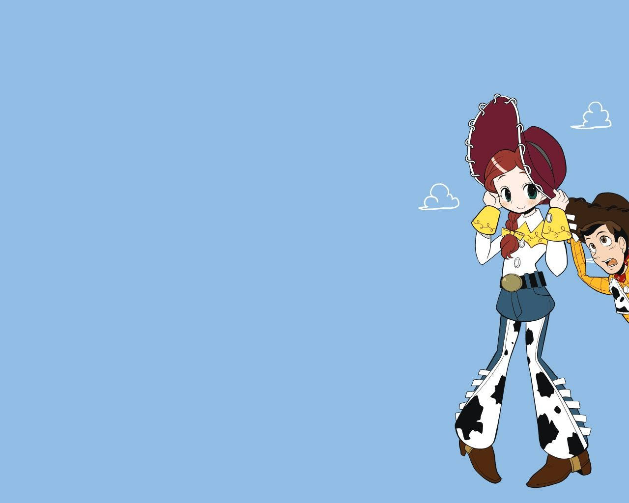 Jessie Toy Story 漫畫風格藝術 壁紙 — 兩個卡通牛仔從右邊探出頭來，背景是湛藍的天空和蓬鬆的雲朵。