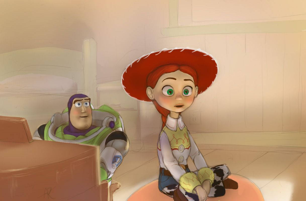 Jessie Toy Story 彩色鉛筆藝術 壁紙 — 反斗奇兵角色巴斯光年與潔西一起坐在一個光線溫暖、柔和粉彩色的房間裏。