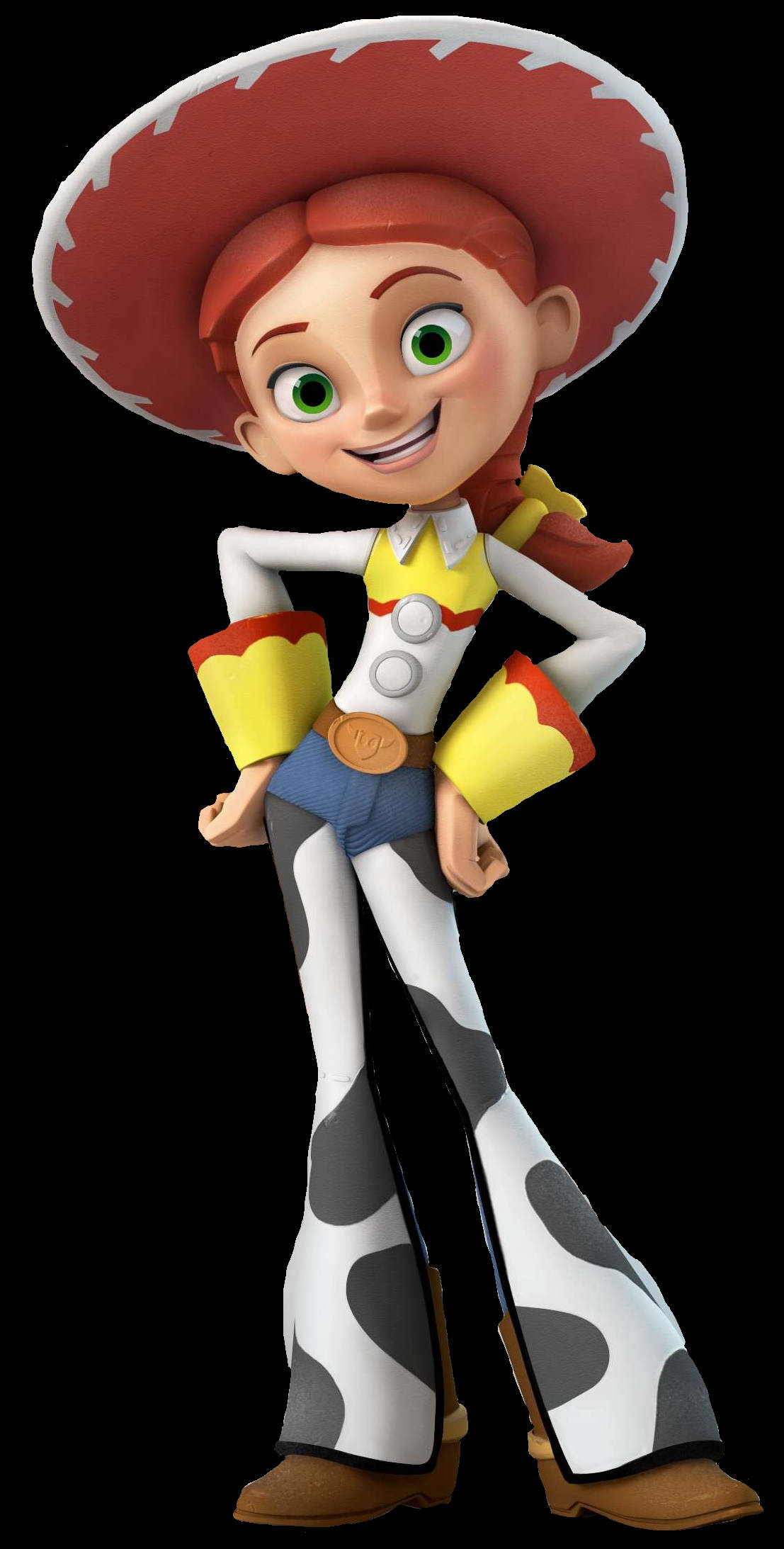 Jessie Toy Story 數位繪畫 壁紙 — 一個開心的動畫女牛仔，綠色眼睛，戴著紅色帽子，穿著黃白色服裝自信地站著。