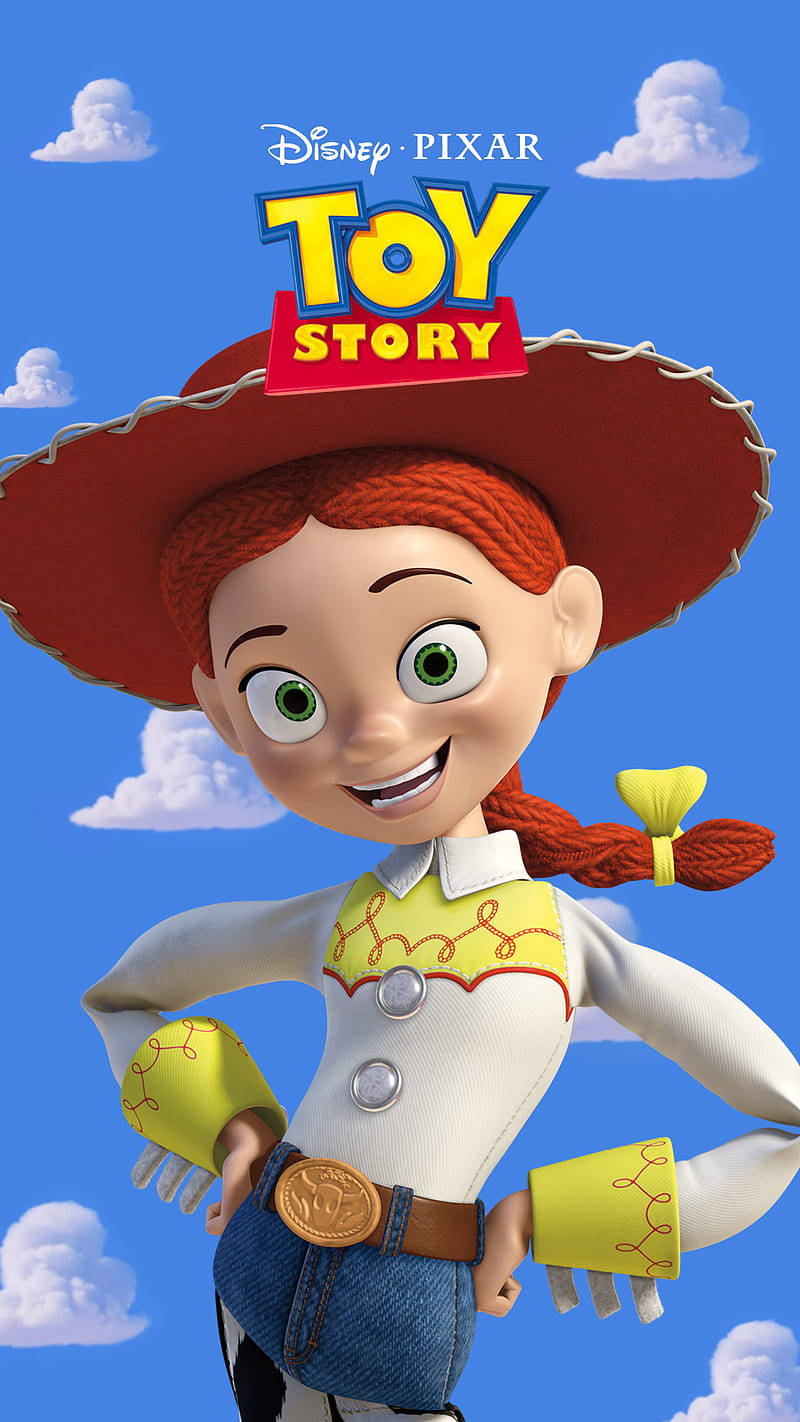 Jessie Toy Story 電影海報 壁紙 — 《反斗奇兵》中的女牛仔 Jessie 在藍天白雲下自信地微笑。