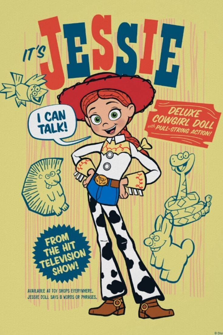 Jessie Toy Story 卡通海報 壁紙 — 牛仔女孩公仔Jessie穿著她的標誌性服裝，自信地站在色彩繽紛的復古玩具廣告中，周圍有玩具動物。