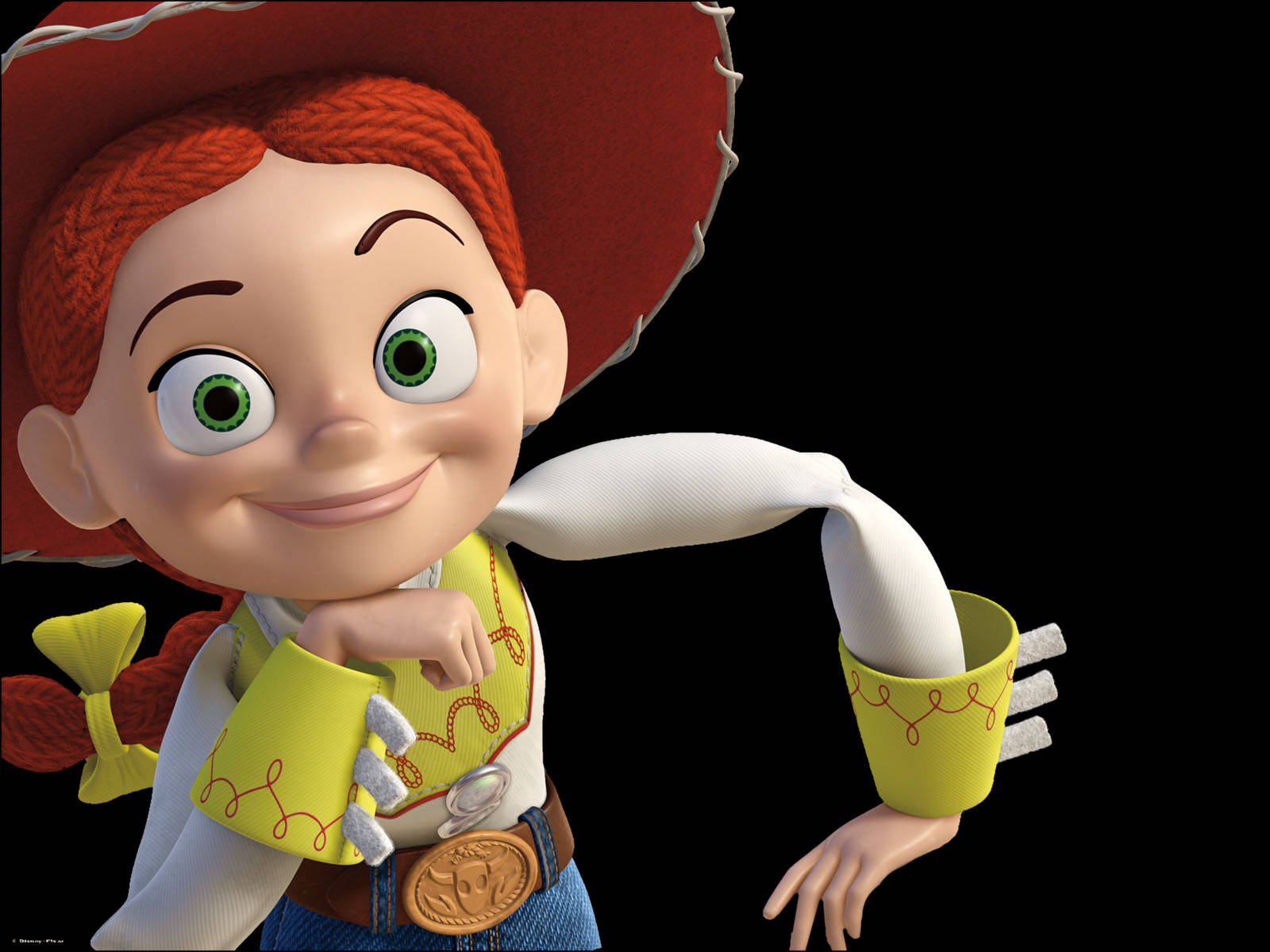 Jessie Toy Story 高興擺姿 壁紙 — 一個開心的動畫女牛仔，紅色辮子頭髮和綠色眼睛，戴著牛仔帽和黃色袖套，在黑色背景前微笑。