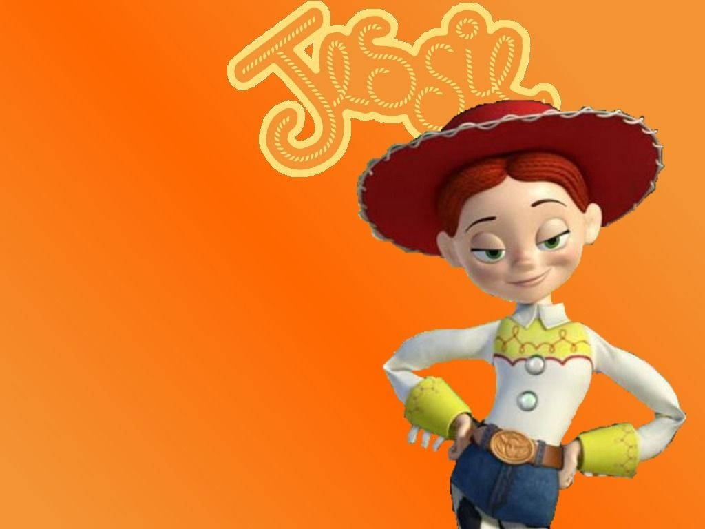 Jessie Toy Story 繩子寫名 壁紙 — 來自《反斗奇兵》的牛仔女孩潔西自信地站在充滿活力的橙色背景上，她的名字寫在上面。