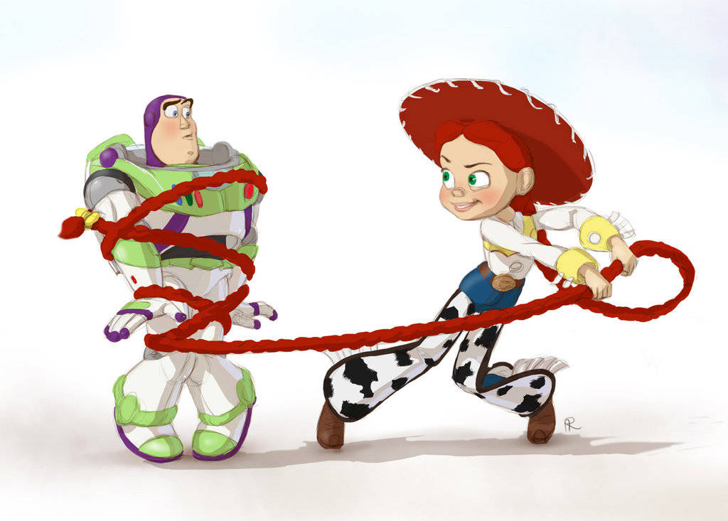 Jessie Toy Story 綁住巴斯光年 壁紙 — 《反斗奇兵》角色巴斯光年與潔西在純白背景前進行一場有趣的拔河比賽。