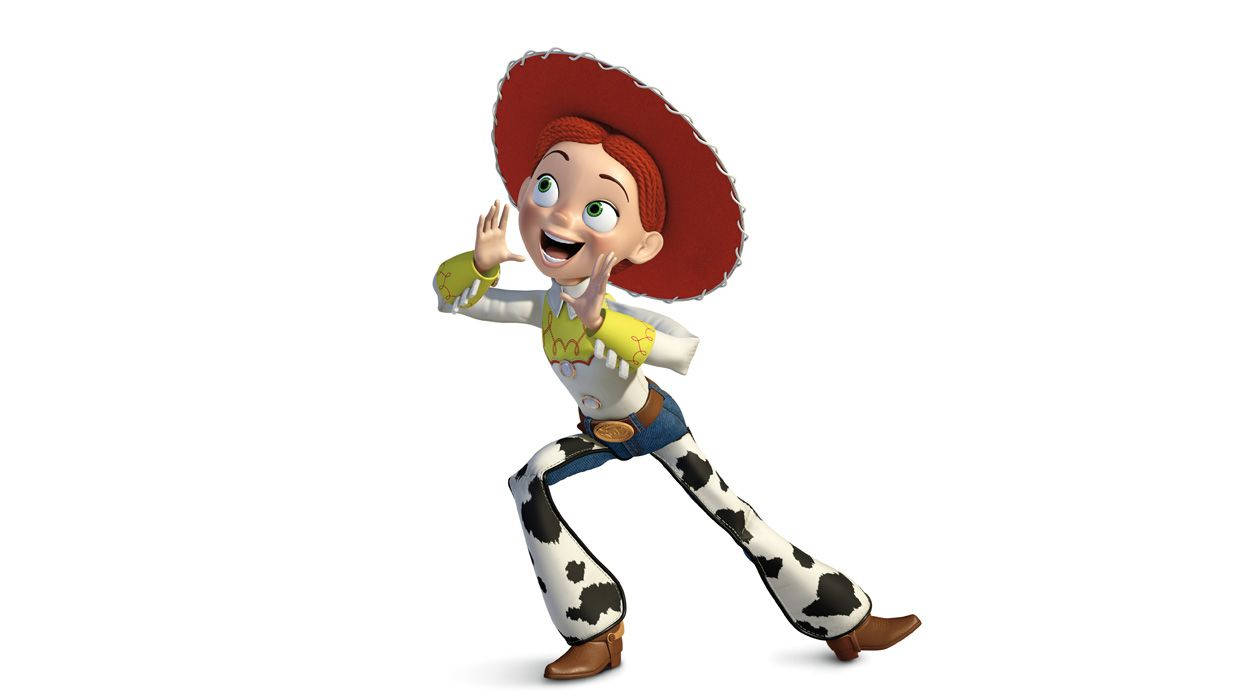 Jessie Toy Story 大喊 壁紙 — 一個開心的動畫女牛仔，紅髮，笑容燦爛，在純白背景前擺出俏皮的姿勢。