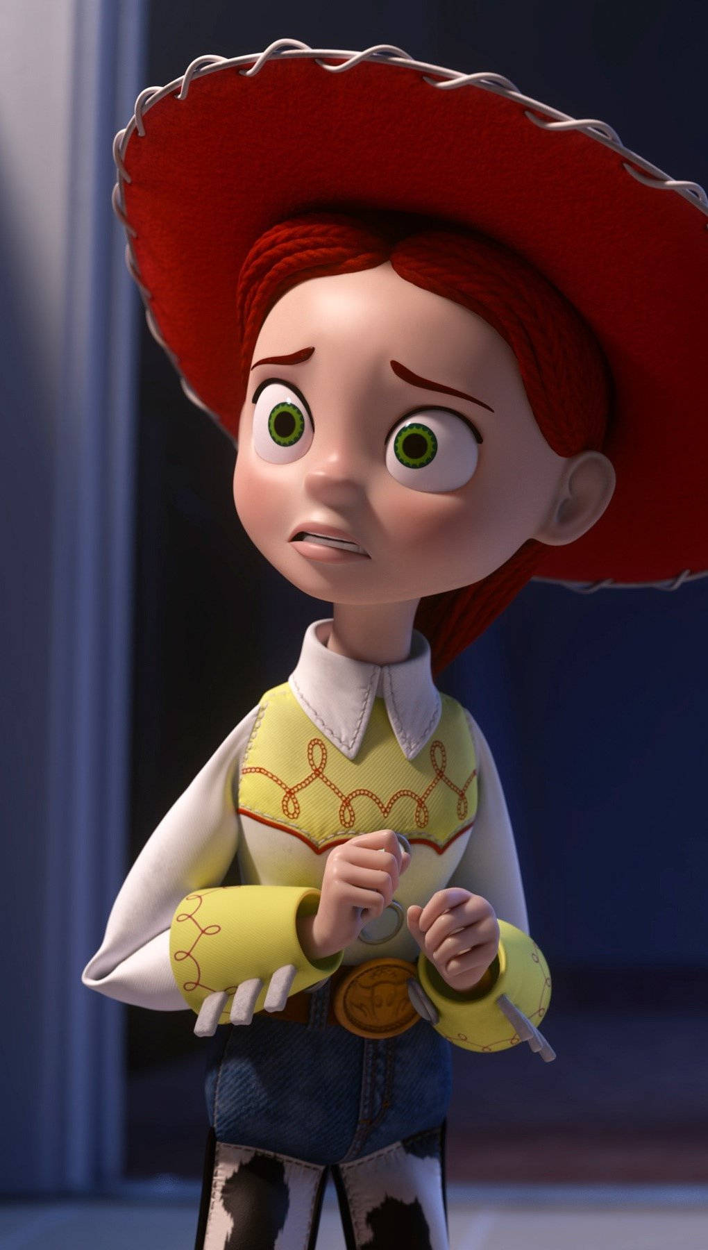 Jessie Toy Story 擔憂表情 壁紙 — Jessie 女牛仔玩具的特寫，擁有綠色大眼睛和擔憂的表情，戴著紅色帽子和黃色背心。