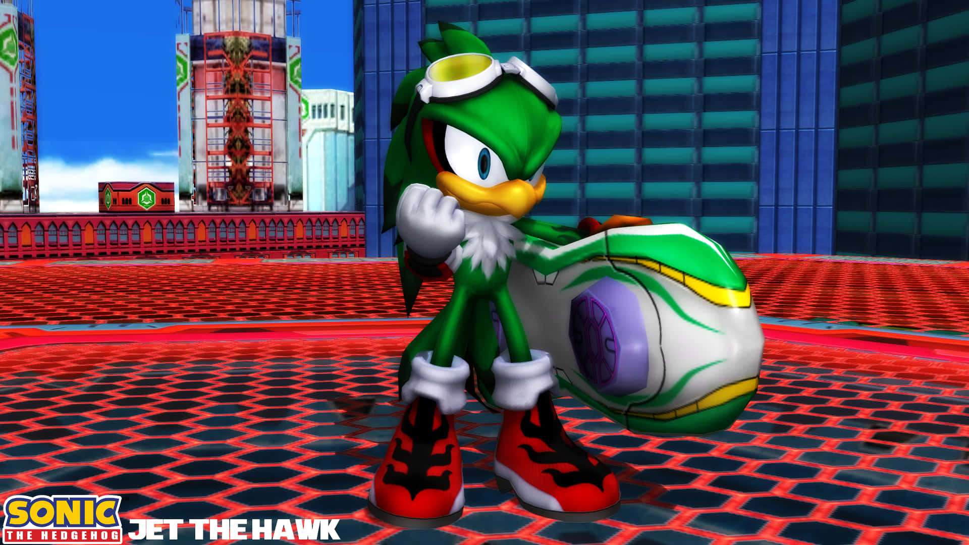 Jet The Hawk 桌布 壁紙 — Jet the Hawk 自信地站在紅色瓷磚平台上，在未來城市景觀中手持他的水上摩托車。